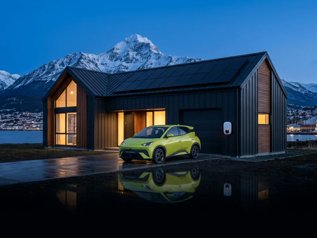 Casa con paneles solares en el techo y un auto eléctrico estacionado junto a un cargador de pared, con montañas nevadas y una bahía de fondo al atardecer